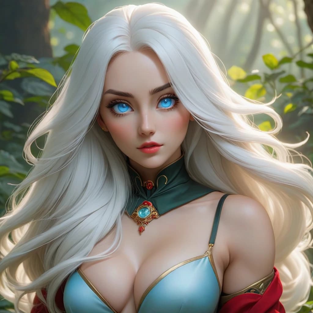 joshua middleton comic cover art, baby blue eyes, white long hair, cute, fantasy lofi-like, black, red, green, red, portrait, mid-shot, highly detailed, artstation, sharp focus, jurgens, rutkowski, bouguereau