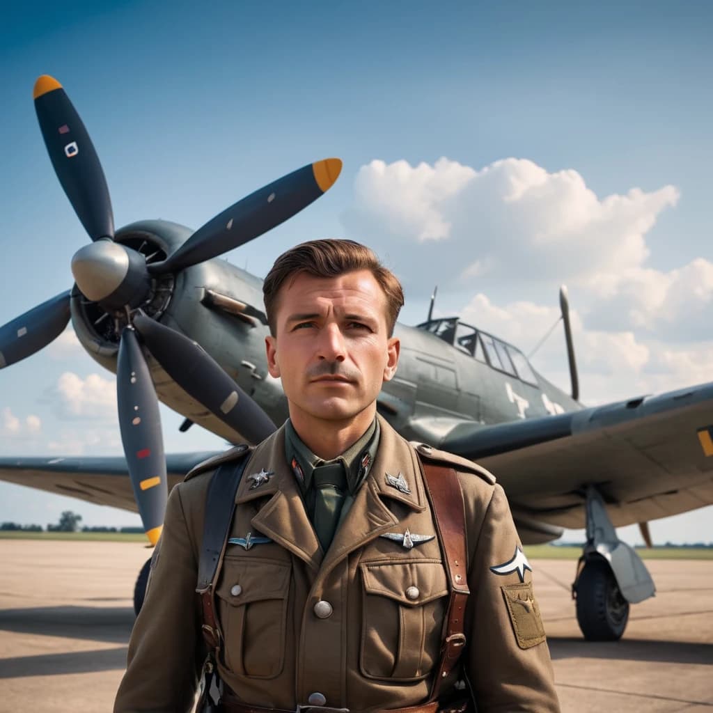 Пилот люфтваффе на фоне самолета BF 109 B-1