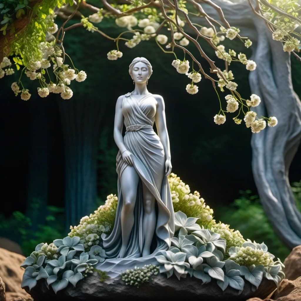 beautiful gray statue of a girl sealed in a rock, the girl stands at full height, she is shrouded in roots and flowers, she is dressed in light clothes
