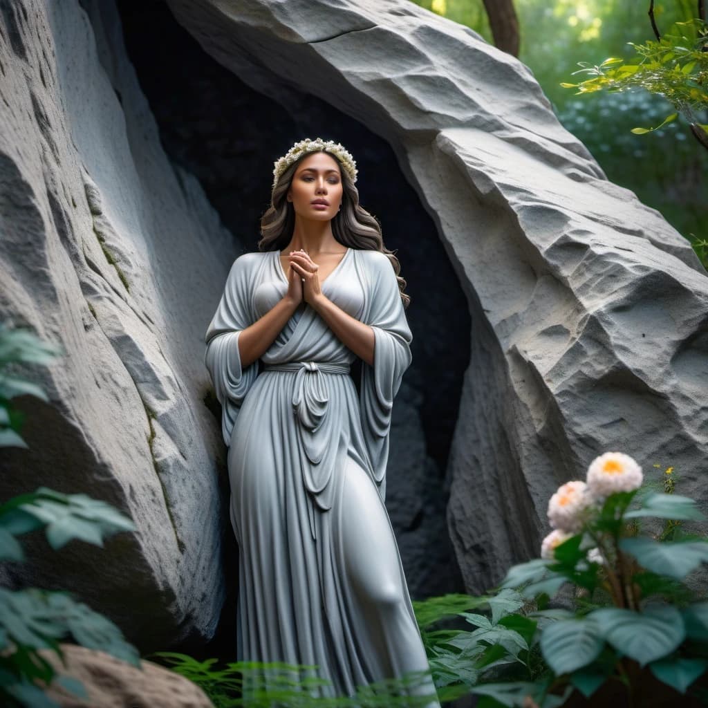 beautiful gray statue of a girl, immured in a huge stone rock, her hands are directly attached to the rock, her mouth is slightly open, the girl stands at full height, she is shrouded in roots and flowers, she is dressed in light clothes