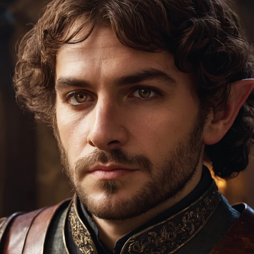 Create an avatar for a character from Dungeons & Dragons: a wealthy crime baron, a large, well-fed halfling with a square jaw and cold, steel-like eyes. He should resemble a prosperous merchant involved in shady dealings, similar to the baron from The Witcher 3. The perspective should be from the waist up, capturing the character's facial details and expression that convey cunning and shrewdness, all set in a dark fantasy atmosphere.