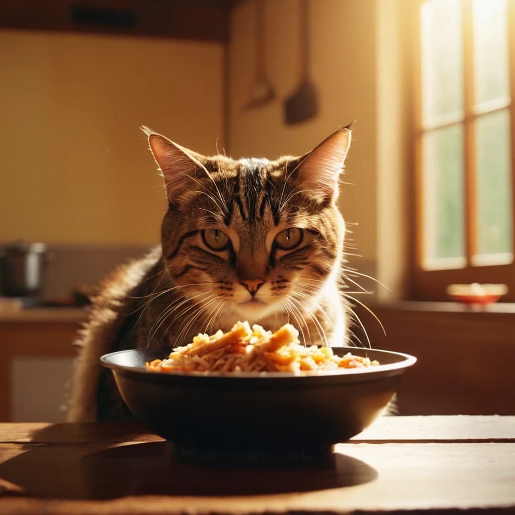 Кот  ест WOK палочками на севере в стиле аниме