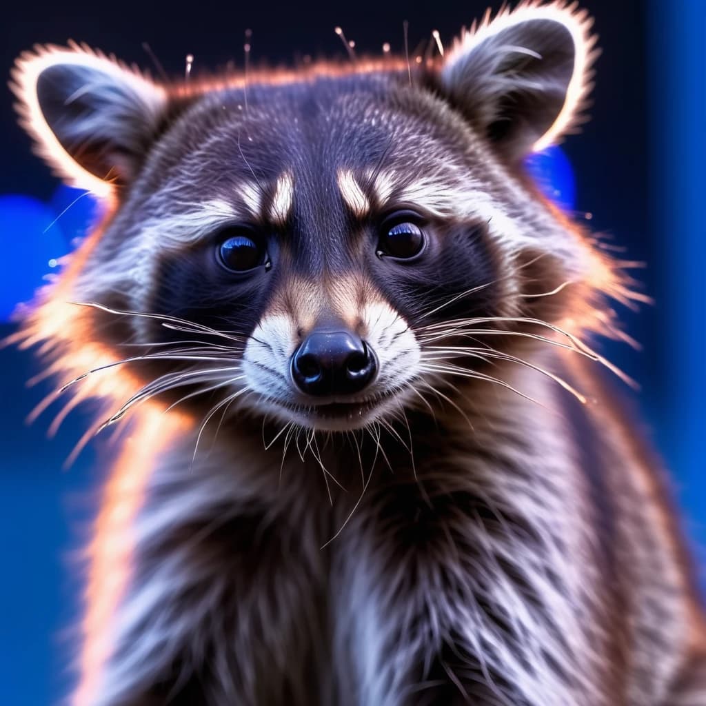 Raccoon looks away, blue rays on neon background, in the rain