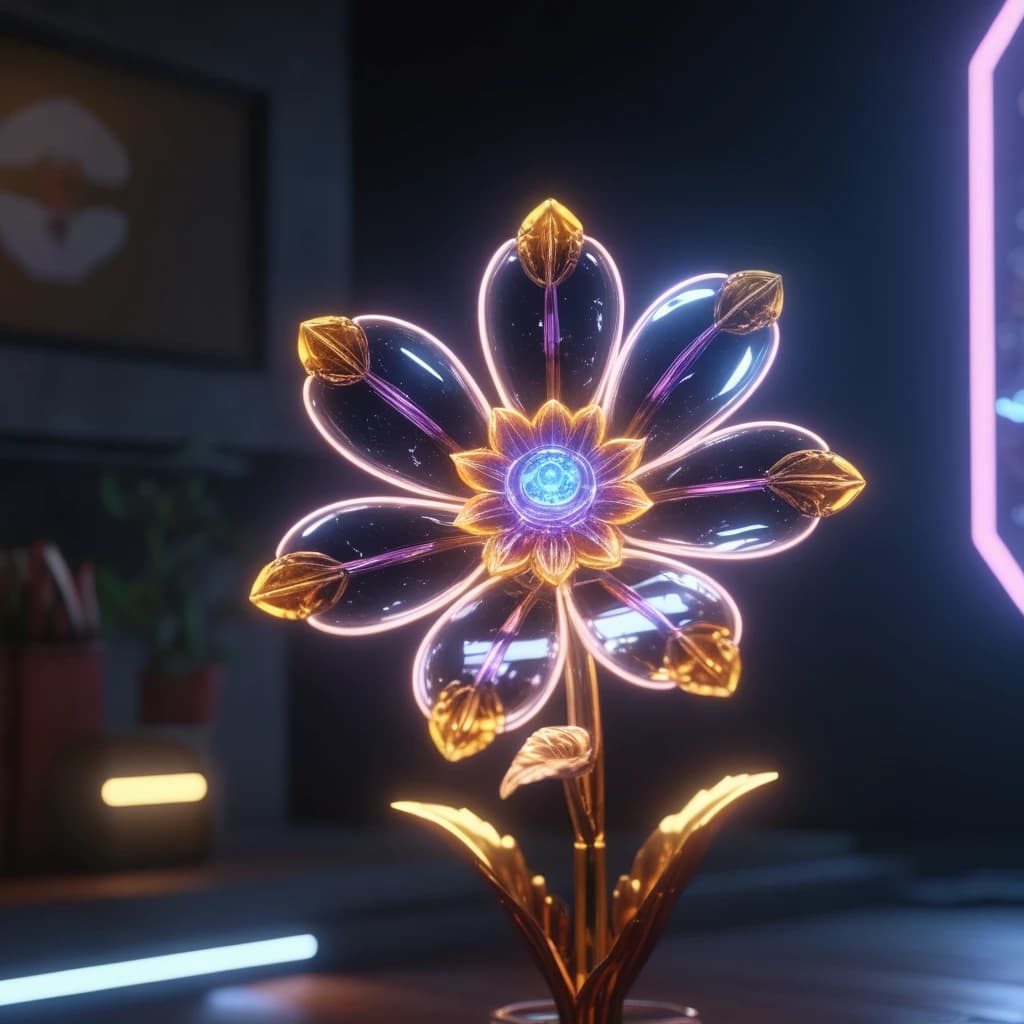 (masterpiece, Unreal Engine 5 HDR realism:1.4), neon glowing glass and crystal quantum flower, (RAL-CRZTLGLS:1.3), (ultra-realistic rendering:1.2), medium-distance view showcasing intricate details, (extremely high detailed:1.2), digital illustration, 64 megapixels, UHD 32k resolution, mesmerizing play of light and color, reflective surfaces, futuristic and ethereal atmosphere, radiant glow casting dynamic shadows, vibrant hues, crystal clear clarity, dazzling visual effects, surreal and captivating composition.