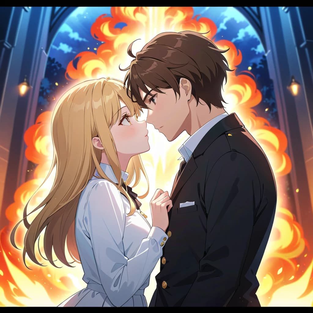 A brunette man and a blonde girl kissing against the background of hell