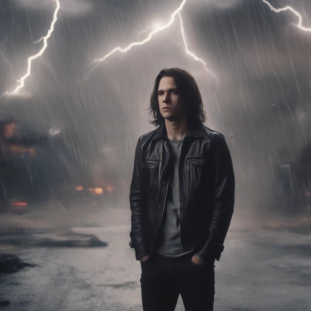 A young man with shoulder-length hair and a gray streak, laughing angrily, stands with his arms crossed over his chest. He wears a black leather jacket and dark clothing. The scene is set in the midst of swirling chaos, with thunderstorms and flashes of lightning.