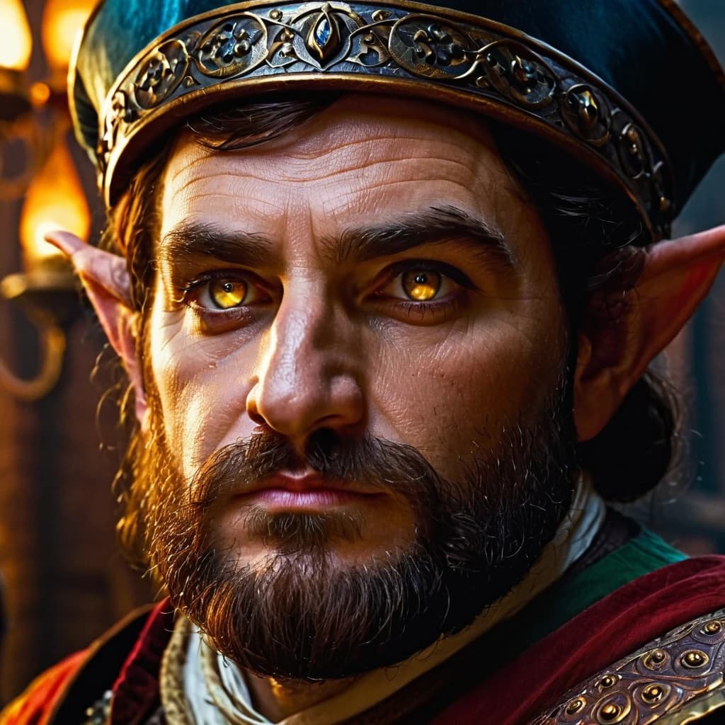 Create an avatar for a character from Dungeons & Dragons: a wealthy crime baron, a large, well-fed halfling with a square jaw and cold, steel-like eyes. He should resemble a prosperous merchant involved in shady dealings, similar to the baron from The Witcher 3. The perspective should be from the waist up, capturing the character's facial details and expression that convey cunning and shrewdness, all set in a dark fantasy atmosphere.