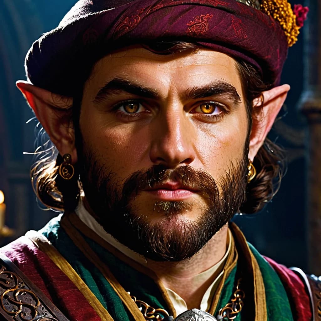 Create an avatar for a character from Dungeons & Dragons: a wealthy crime baron, a large, well-fed halfling with a square jaw and cold, steel-like eyes. He should resemble a prosperous merchant involved in shady dealings, similar to the baron from The Witcher 3. The perspective should be from the waist up, capturing the character's facial details and expression that convey cunning and shrewdness, all set in a dark fantasy atmosphere.