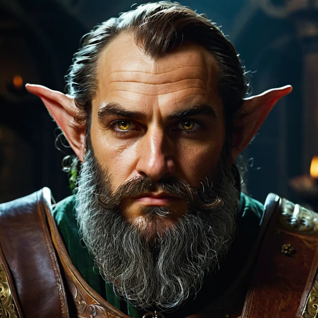 Create an avatar for a character from Dungeons & Dragons: a wealthy crime baron, a large, well-fed halfling with a square jaw and cold, steel-like eyes. He should resemble a prosperous merchant involved in shady dealings, similar to the baron from The Witcher 3. The perspective should be from the waist up, capturing the character's facial details and expression that convey cunning and shrewdness, all set in a dark fantasy atmosphere.