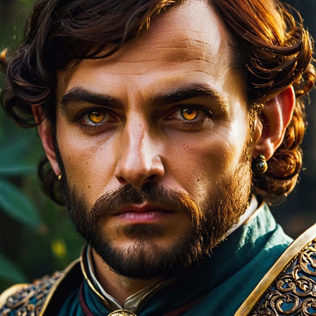 Create an avatar for a character from Dungeons & Dragons: a wealthy crime baron, a large, well-fed halfling with a square jaw and cold, steel-like eyes. He should resemble a prosperous merchant involved in shady dealings, similar to the baron from The Witcher 3. The perspective should be from the waist up, capturing the character's facial details and expression that convey cunning and shrewdness, all set in a dark fantasy atmosphere.