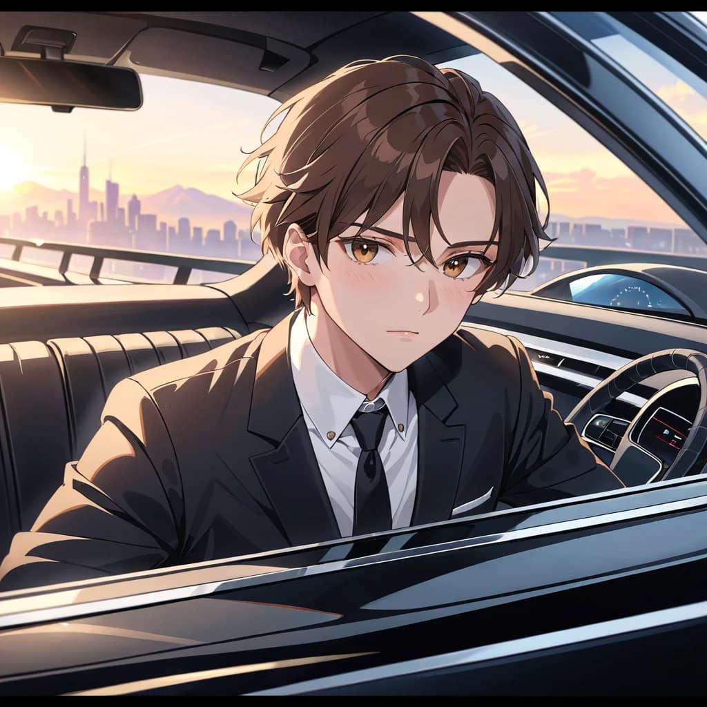 Brown-eyed brunette man in a classic black suit in a black Audi