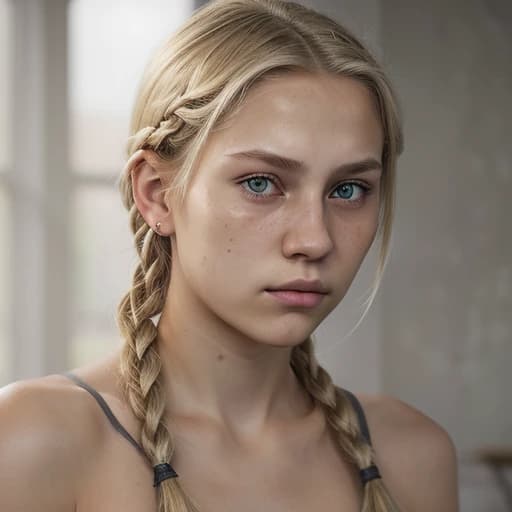 The girl is a fighter. 17-19 years old. Blond short straight hair, braided in a short braid, gray eyes. Photorealism. High quality. Beautiful. A serious look