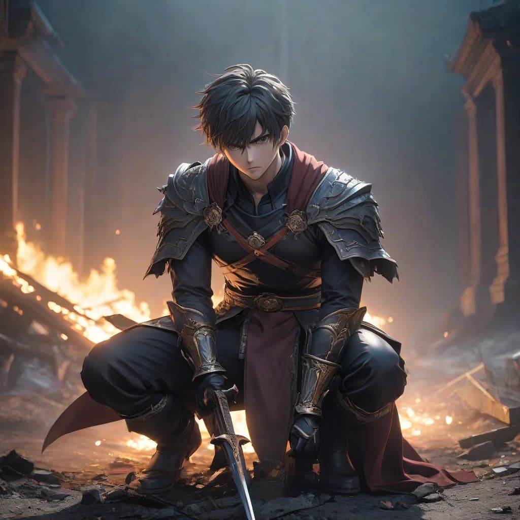 anime character guy, a dark aura envelops him, he is sad, he holds a sword in his hand and behind him is the devastation after the battle, he is on his knees, very angry