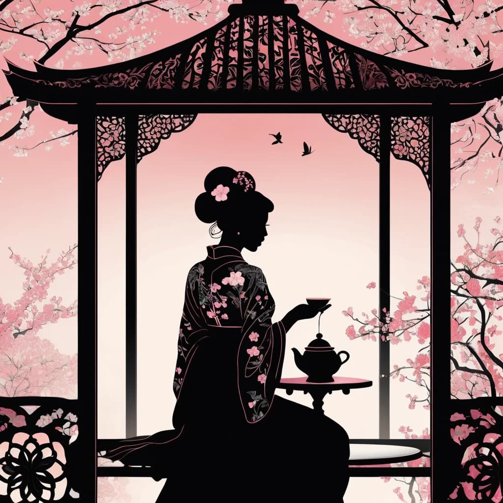 Digital image with double exposure and overlay of layers and textures. Vector art. Background: surrealist-abstract, with elements of Japanese theme. Backlit, gradient from white to pink. Stylised image (black noir silhouette: 1,3) of graceful geisha drinking tea in a gazebo, garden with cherry blossoms. High detailing. Elegance. Strong ornamentation with floral decoration. Lots of plant elements-patterns. Gothic, Noir, Art Deco, Art Nouveau, Mudejar, Zentangle, in the manner of Mucha, Klimt, Aubrey Beardsley, Roman Tyrtov. Highly detailed.