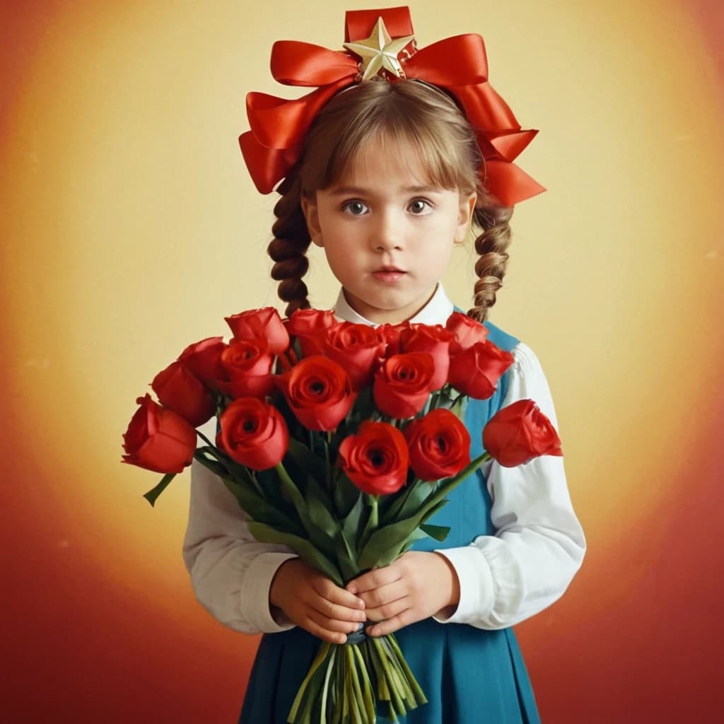 удивленная советская первоклассница с букетом и бантами на голове стиль аниме