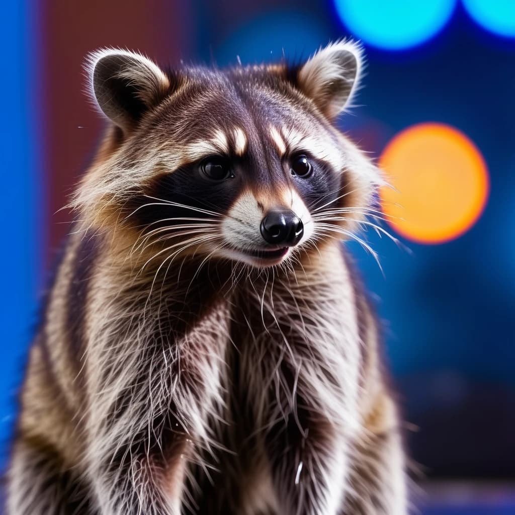 Raccoon looks away, blue rays on neon background, in the rain
