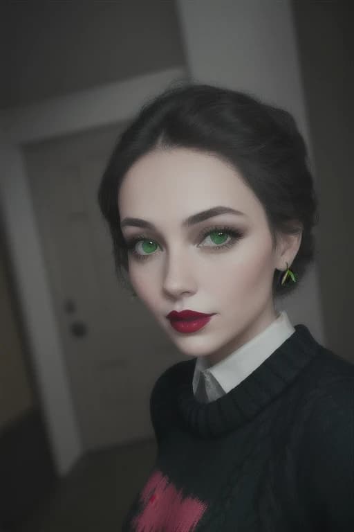 a woman with a green sweater and bright orange lipstick