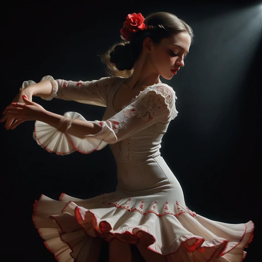 flamenco dance, a beautiful
girl dancing flamenco, passionately, in love, gracefully, beauty, subdued intimate light, complex steps, castanets, the audience is visible around in the semi-darkness