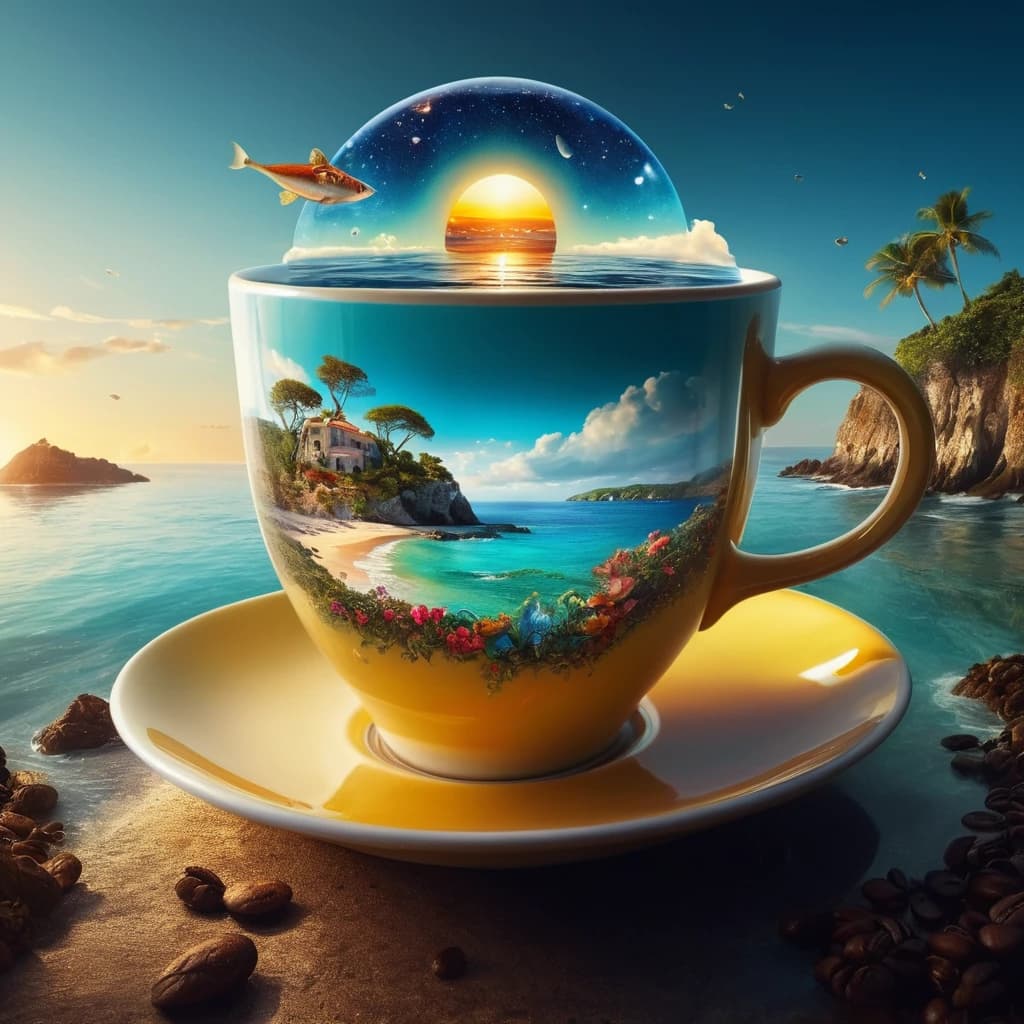 (digital painting, surrealism:1.2), magical world inside a coffee cup, sea and islands floating on the surface, small sun shining above the cup, dreamlike atmosphere, fantastical colors blending seamlessly, swirling lights dancing across the miniature landscape, surreal and enchanting mood, intricate details in every whimsical element, a sense of wonder and magic encapsulated in a single cup