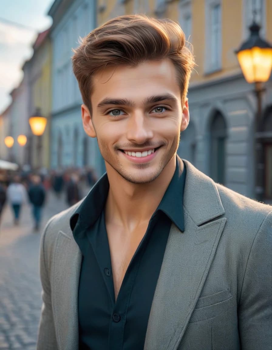 The young guy is smiling. A young guy walks through the beautiful summer cities of Russia
