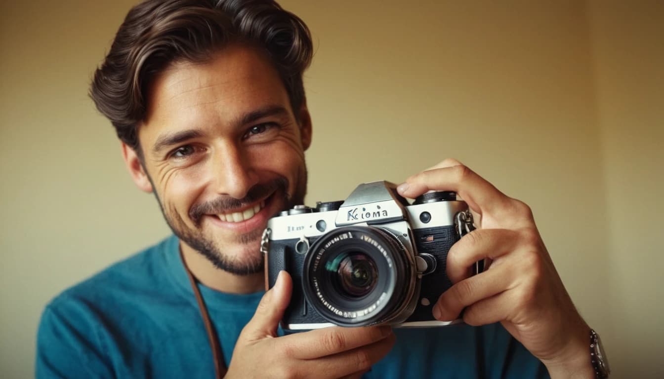 мужчина фотограф улыбается и держит в руках фотоаппарат