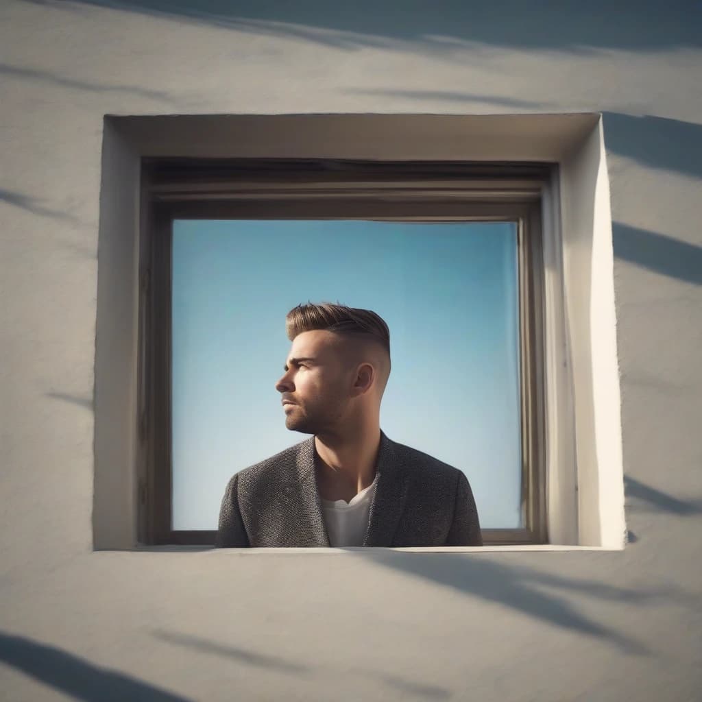 A man with a fashionable haircut on a square window, a sunny sky in the window