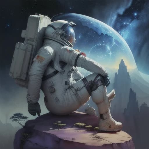 (watercolor painting, digital art:1.2), astronaut in full gear, standing confidently on top of a rock on a mini world, inspired by Cyril Rolando's style, winner of the Pexels contest, space art, tilt-shift perspective, photo-realistic rendering, lush garden spaceship in the background, intricate details on the foliage, vibrant colors contrasting with the vastness of space, vertical wallpaper composition, dreamy atmosphere, otherworldly setting, unique and imaginative concept, dynamic angle, rich textures highlighting the astronaut's suit, helmet reflecting the cosmos.