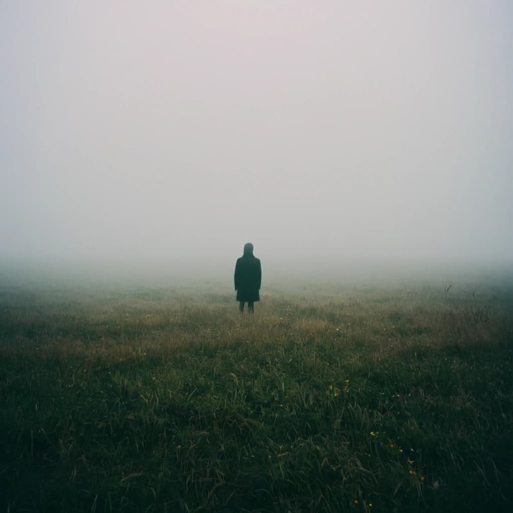 a person standing in a field on a foggy day, dark ambient album cover, artwork empty daylight, by Chippy, solidity and eternity, completely empty, upset, blurred photo, phonk album cover, cruelty, impactful ambient, disappear, sentinel, emo, blurry, unconnected