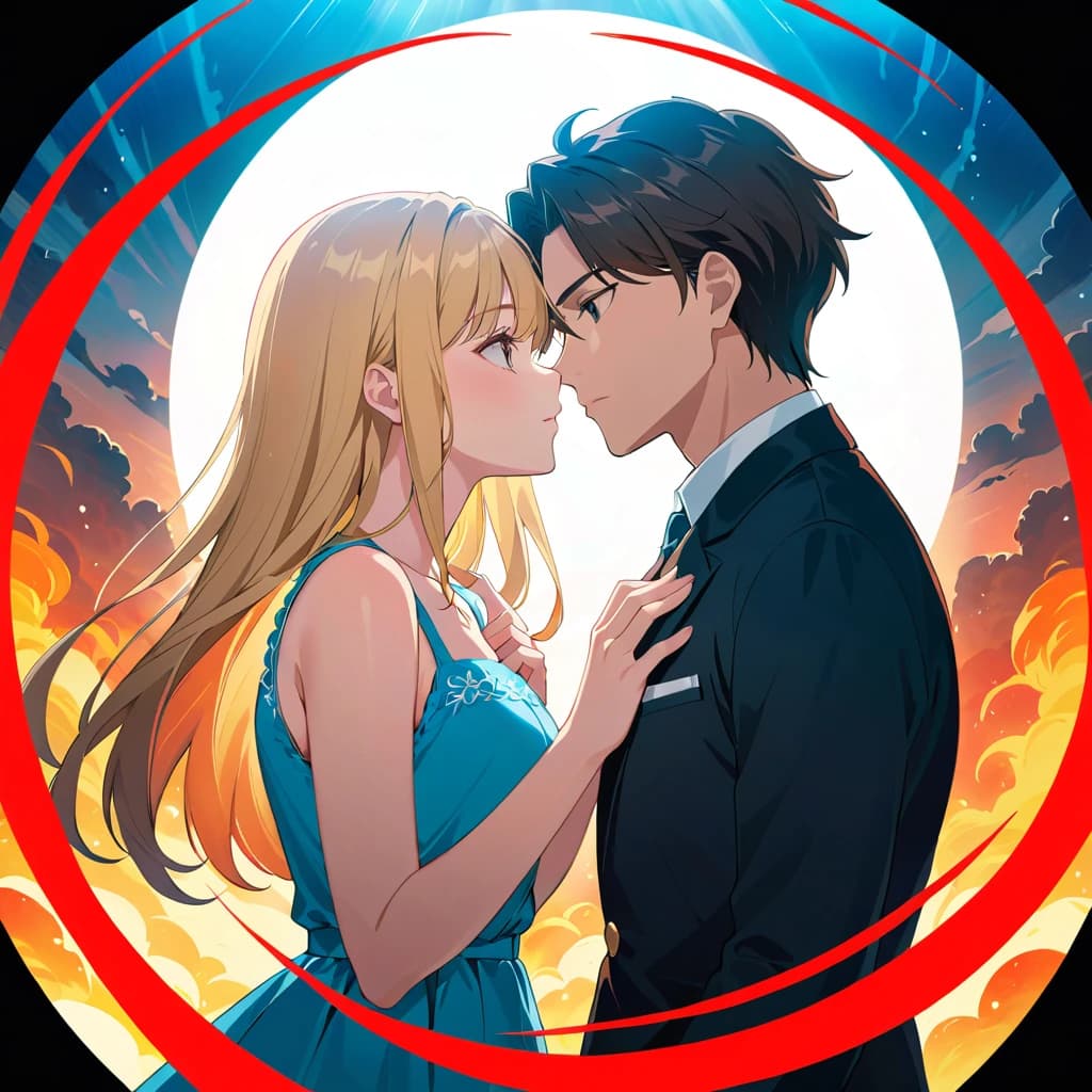 A brunette man and a blonde girl kissing against the background of hell