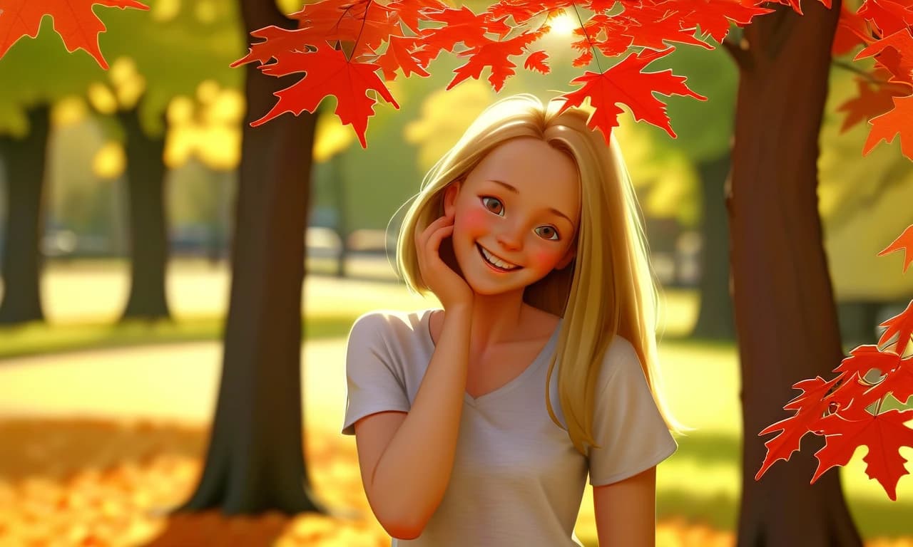 фотореализм, happiness, girl, early autumn, park, sun, maple, rowan, sharp background
