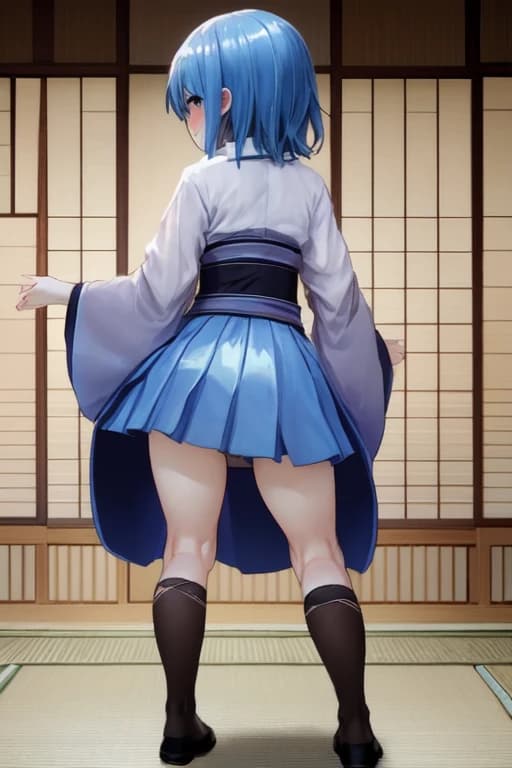a full length adult japanese girl in a very short skirt from under which the glutes are visi and blue hair
