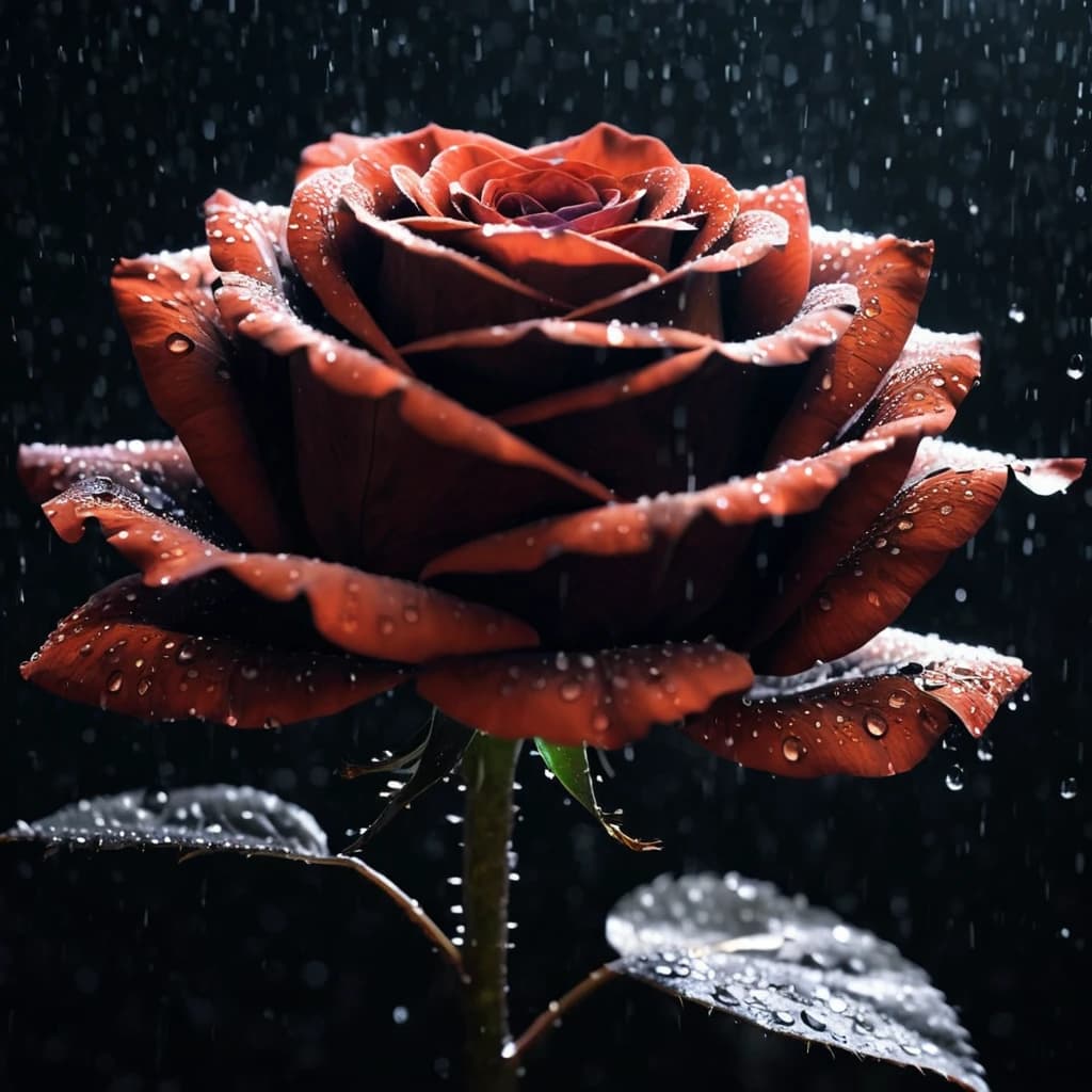 ASCII  Masterpiece, (cosy), (ultra high res, mj,best quality,highly detailed:1.5),(cinematic),(volumetric lighting, volumetric shadows:1.5),Amazing, (8k details),(photorealistic:1.4), (warm lighting,ray tracing,dynamic lighting:1.5),
a black rose up close illuminated by divine grace radiated with ancestral light on a rainy day