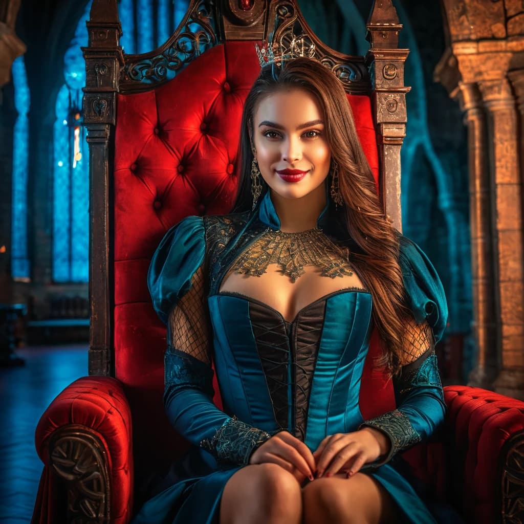 beautiful girl, cyberpunk, vampire, beautiful smile, sitting on a throne, in a beautiful outfit. night, Dracula's castle. (dark shot:1.17), epic realistic, faded, ((neutral colors)), art, (hdr:1.5), (muted colors:1.2), hyperdetailed, (artstation:1.5), cinematic, warm lights, dramatic light, (intricate details:1.1), complex background, (rutkowski:0.8), (teal and orange:0.4), Details, ((intricate details)), hdr, ((intricate details, hyperdetailed))