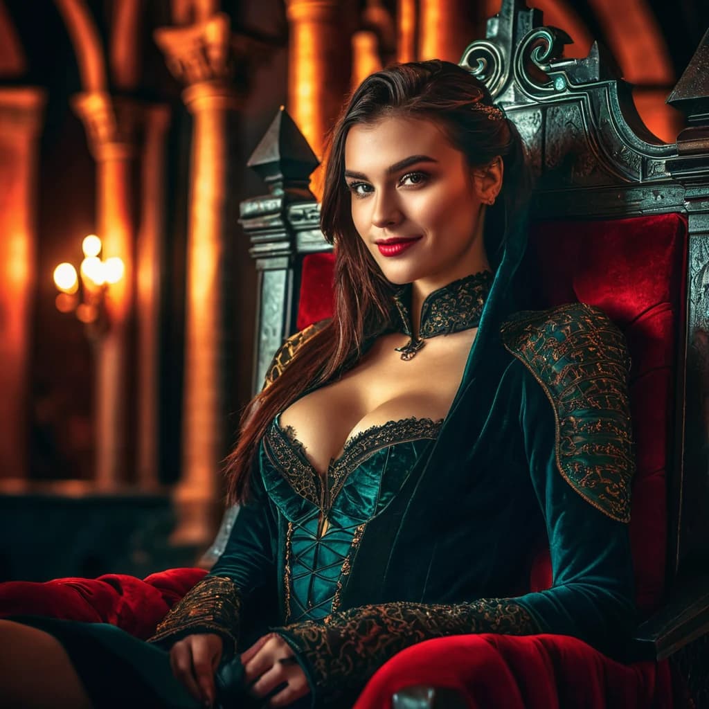 beautiful girl, cyberpunk, vampire, beautiful smile, sitting on a throne, in a beautiful outfit. night, Dracula's castle. (dark shot:1.17), epic realistic, faded, ((neutral colors)), art, (hdr:1.5), (muted colors:1.2), hyperdetailed, (artstation:1.5), cinematic, warm lights, dramatic light, (intricate details:1.1), complex background, (rutkowski:0.8), (teal and orange:0.4), Details, ((intricate details)), hdr, ((intricate details, hyperdetailed))