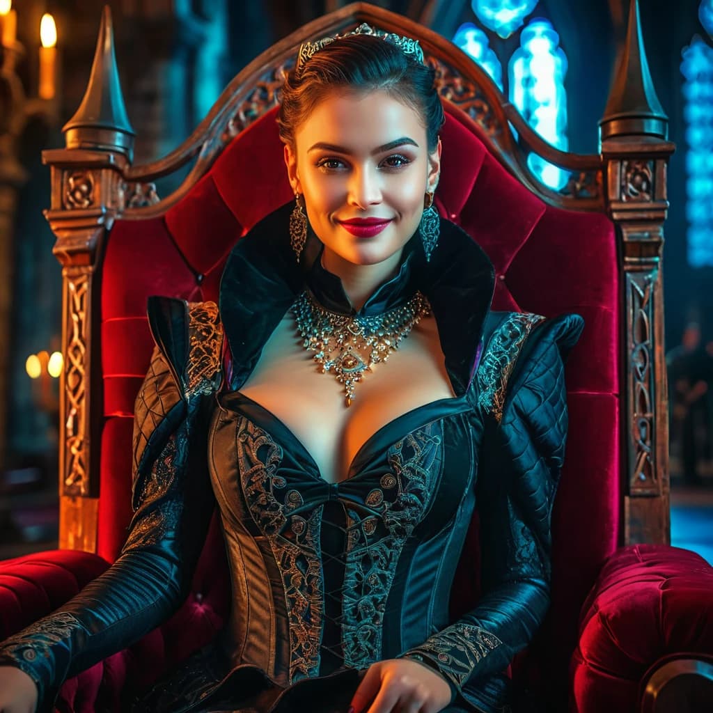 beautiful girl, cyberpunk, vampire, beautiful smile, sitting on a throne, in a beautiful outfit. night, Dracula's castle. (dark shot:1.17), epic realistic, faded, ((neutral colors)), art, (hdr:1.5), (muted colors:1.2), hyperdetailed, (artstation:1.5), cinematic, warm lights, dramatic light, (intricate details:1.1), complex background, (rutkowski:0.8), (teal and orange:0.4), Details, ((intricate details)), hdr, ((intricate details, hyperdetailed))