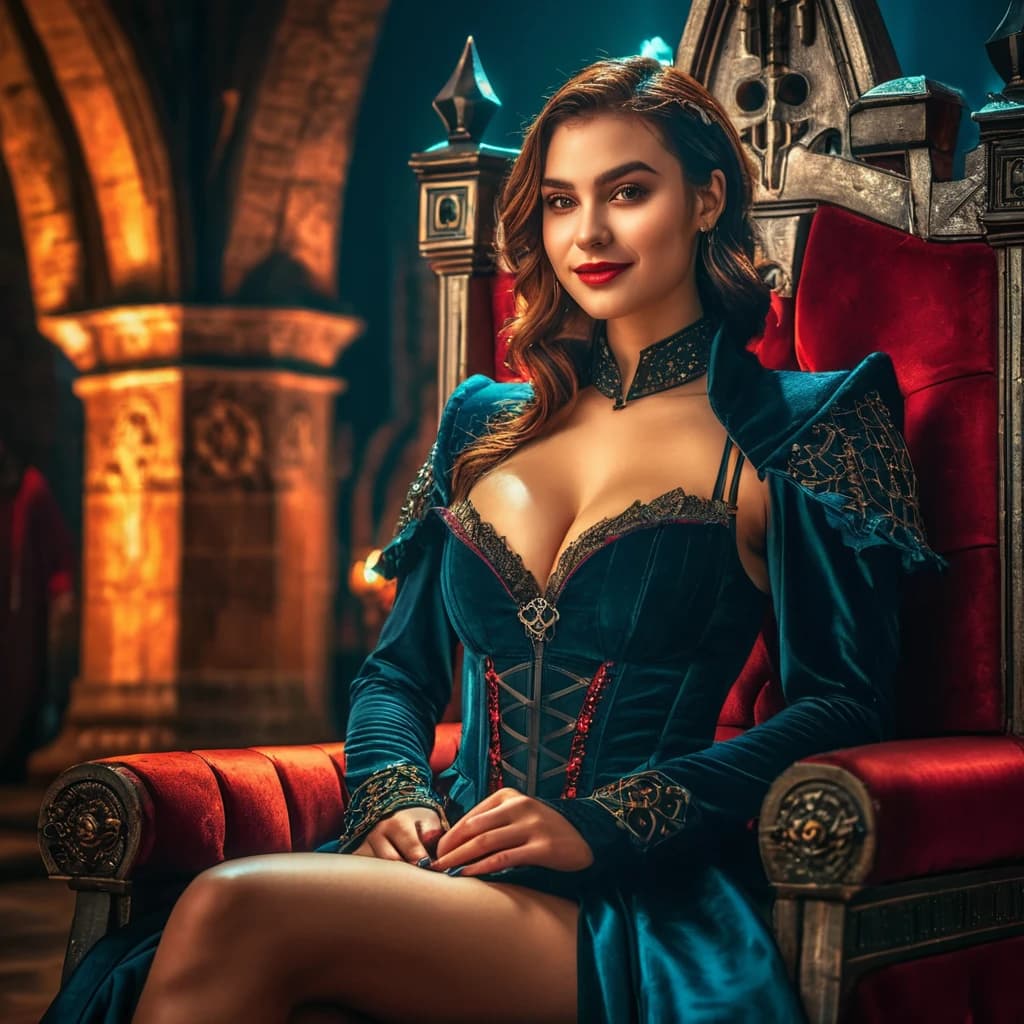 beautiful girl, cyberpunk, vampire, beautiful smile, sitting on a throne, in a beautiful outfit. night, Dracula's castle. (dark shot:1.17), epic realistic, faded, ((neutral colors)), art, (hdr:1.5), (muted colors:1.2), hyperdetailed, (artstation:1.5), cinematic, warm lights, dramatic light, (intricate details:1.1), complex background, (rutkowski:0.8), (teal and orange:0.4), Details, ((intricate details)), hdr, ((intricate details, hyperdetailed))