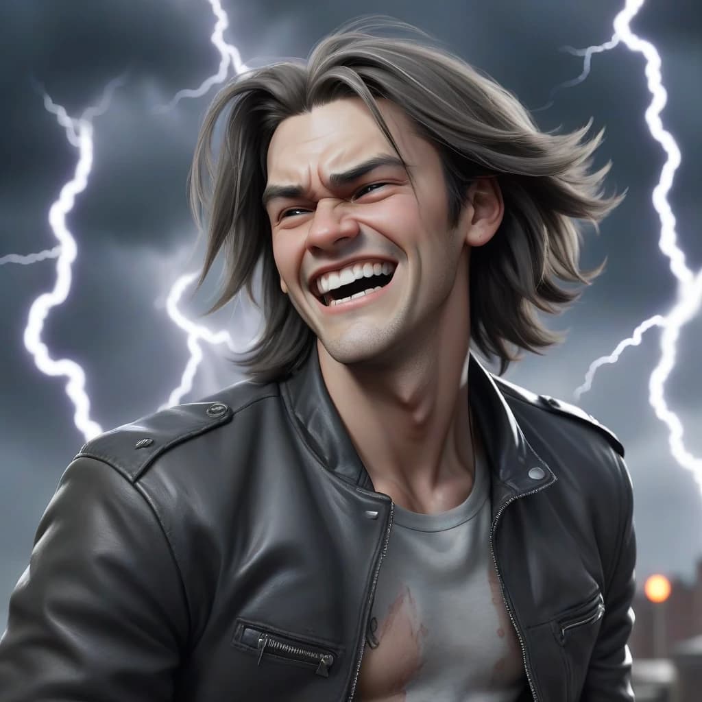 A young man with shoulder-length hair and a gray streak, laughing angrily, stands with his arms crossed over his chest. He wears a black leather jacket and dark clothing. The scene is set in the midst of swirling chaos, with thunderstorms and flashes of lightning.