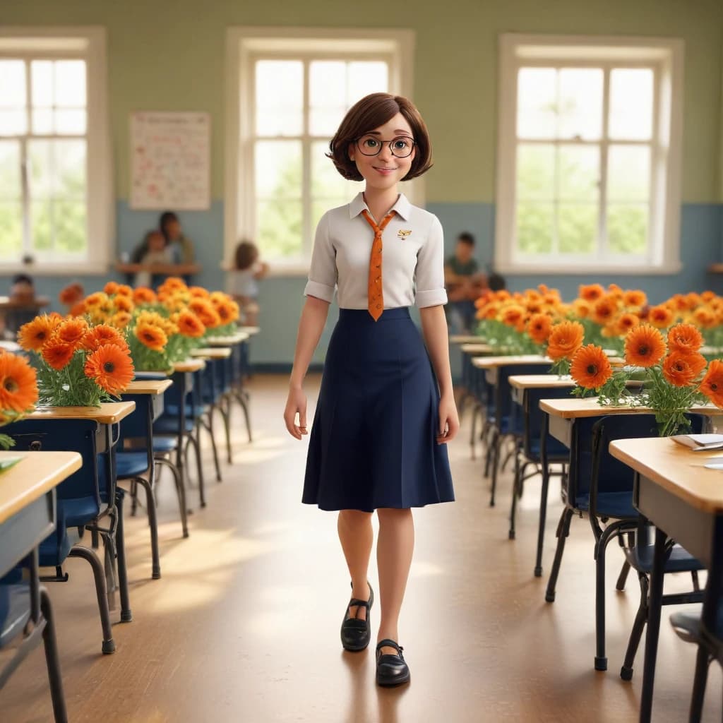 Create a vibrant, 3D cartoon image in the Pixar style, set in a sunlit classroom. Include the following elements:

Characters:

Three children: two girls and one boy, aged 8-10, wearing bright and clean school uniforms (blue pants and white shirts with navy cardigans).
One young teacher, a woman in her mid-twenties, with a friendly and approachable expression. She should be dressed in a white, short-sleeved blouse with an orange floral pattern on the placket, and a navy blue skirt that falls just above the knee. Her hair should be styled in a neat, shoulder-length bob, and she should be wearing round, wire-framed glasses.
Action:

The children should be presenting the teacher with a bouquet of flowers, with the boy in the lead, holding the flowers out towards her, and the girls standing on either side of him, smiling. The teacher should be receiving the flowers with a delighted and surprised expression, her hands reaching out to accept them.
Background:

A transparent background to allow for seamless integration into other visuals.
Suggested color scheme: warm and vibrant, with plenty of yellows, oranges, and blues to evoke a sense of joy and optimism, reminiscent of Pixar's style.
Additional Details:

Include a few desks and chairs in the foreground, with textbooks and notebooks scattered about to suggest a classroom setting.
Add a chalkboard in the background with a simple, inspirational message written on it, such as 'Believe you can, and you're halfway there.'
Include a large, open window in the background, with sunlight streaming in, casting warm, dappled light on the scene.
Mood:

Capture the innocence, joy, and sense of wonder that Pixar is known for, highlighting the special bond between the children and their beloved teacher."