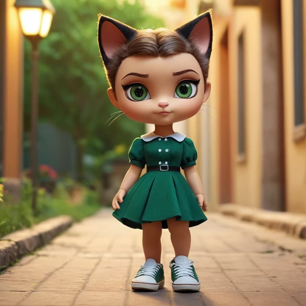 A cute humanoid cat woman, with woman figure, beautiful face with big green eyes, dressed in dress and sneakers, Disney cartoon style