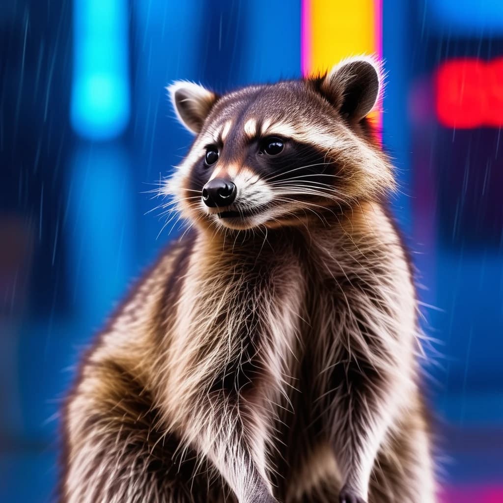 Raccoon looks away, blue rays on neon background, in the rain