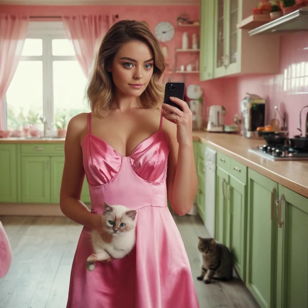 A cute woman with beaurifull cat face, sexy figure beautiful face with big green eyes, dressed in a pink silk dress, slippers, with an iPhone in her hands, against the background of a kitchen in a modern apartment, with a mess ,Disney cartoon style