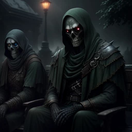 The undead are sitting on a bench with their heads held high, in gray-green clothes 
A one-eyed man is sitting on a bench nearby
Post-apocalypse
Full-face view