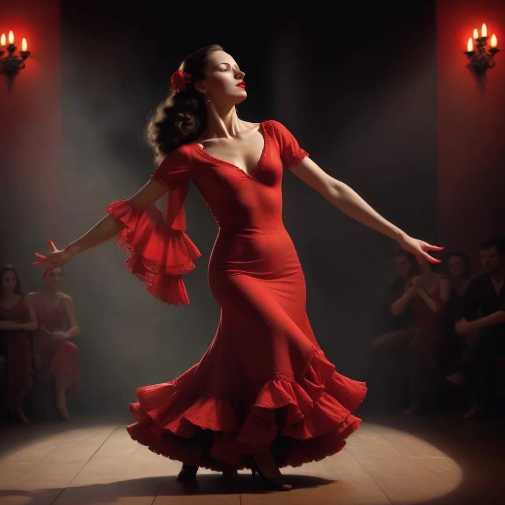 flamenco dance, beautiful
brunette girl, dancing flamenco, passionately, in love, gracefully, beauty, she is wearing a red dress, muted intimate light, complex steps, castanets, the audience is visible around in the semi-darkness
