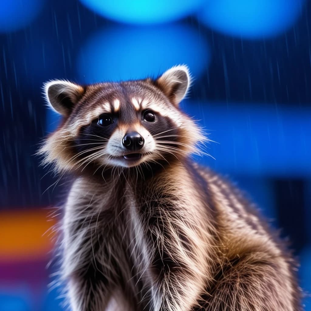 Raccoon looks away, blue rays on neon background, in the rain