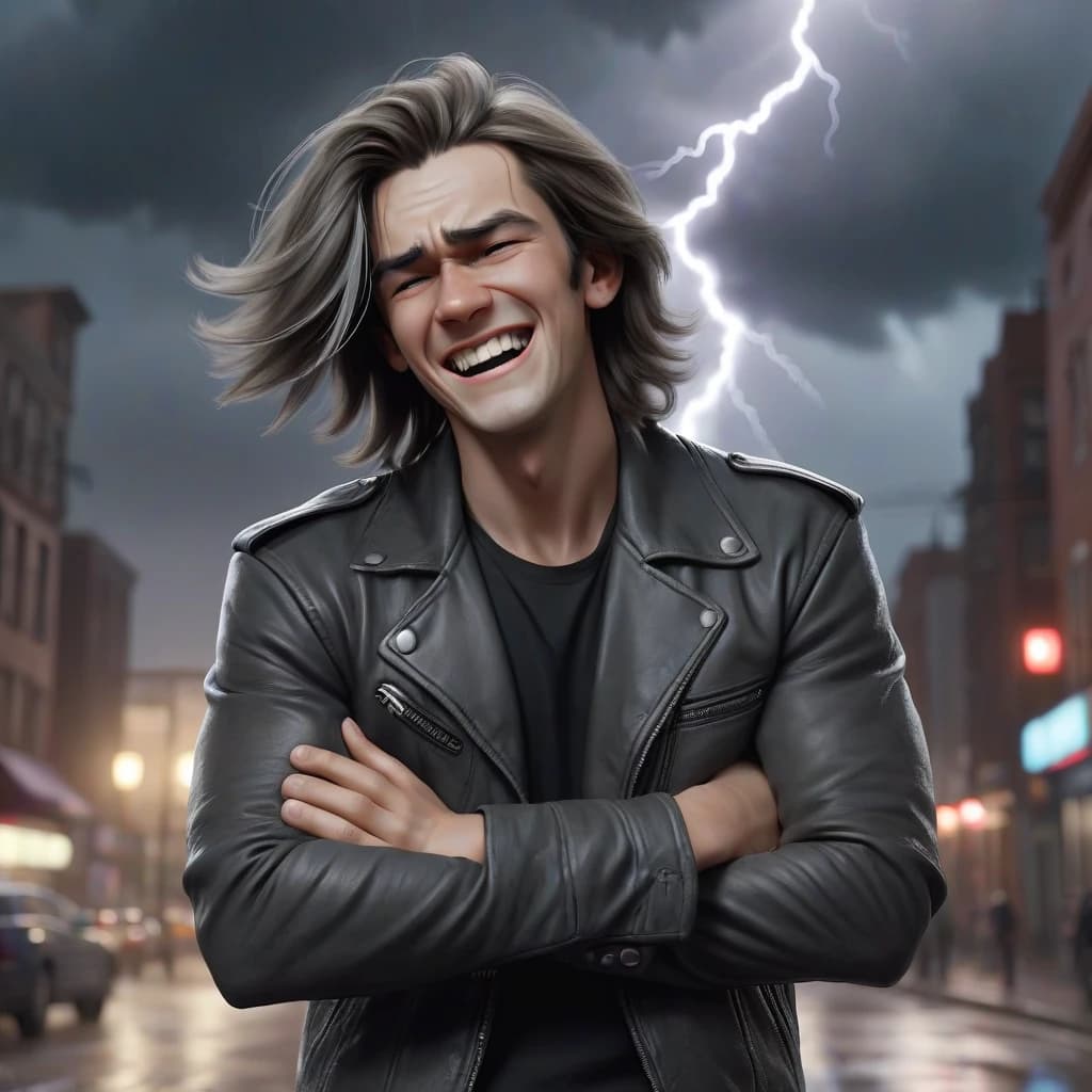 A young man with shoulder-length hair and a gray streak, laughing angrily, stands with his arms crossed over his chest. He wears a black leather jacket and dark clothing. The scene is set in the midst of swirling chaos, with thunderstorms and flashes of lightning.