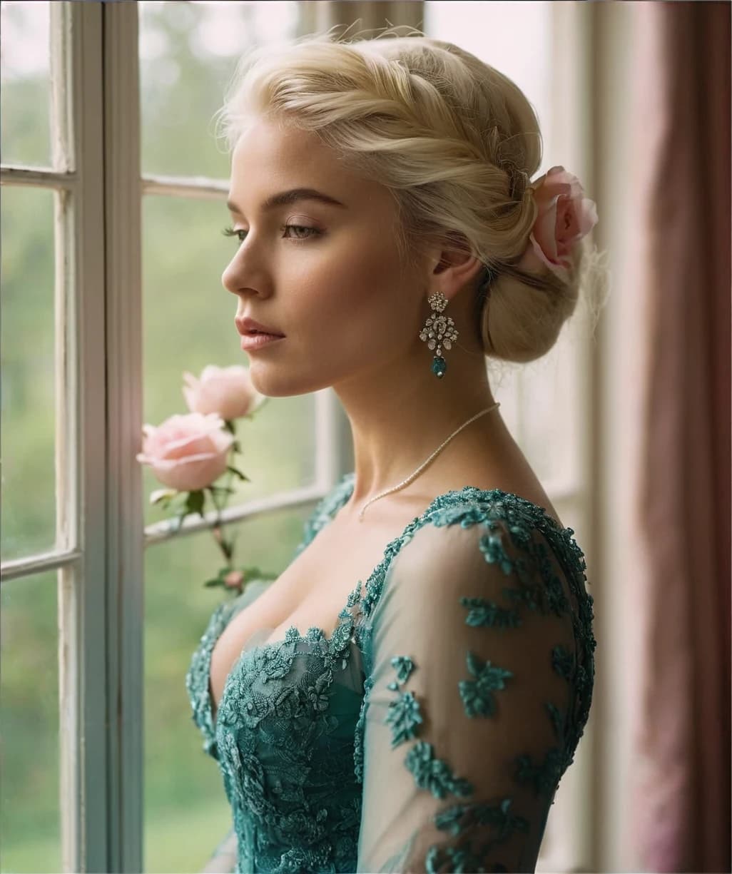 Raw Photo A captivating portrait of a young woman with platinum blonde hair, exquisitely adorned with delicate pink roses. She dons a stunning teal gown featuring intricate lace and beadwork, complemented by matching gloves and earrings. Her presence is further enhanced by the soft, diffused light filtering through the arched windows of the elegant room. With a pink rose in her hand and her captivating gaze directed towards the viewer, she exudes an air of mystery and allure.