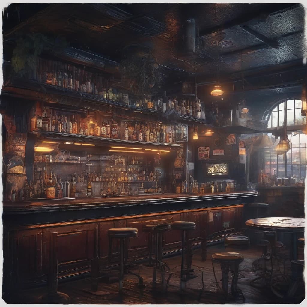 dark fantasy greasy bar, (((masterpiece))), ((best quality)), ((intricate detailed)), ((Hyperrealistic)), highly detailed, illustration,  detailed background,  lens flare, from the front