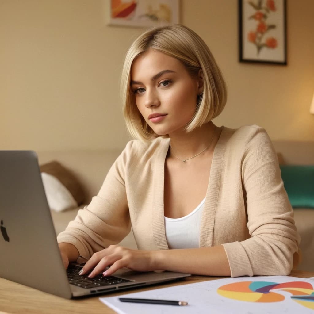 a girl-designer, a beautiful blonde with a bob haircut, in front of her is an Apple laptop, on the table spread: a color fan, a liner, a notebook with sketches, in the background is a modern room in beige tones.