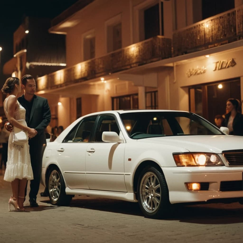 Белая машина марки Toyota chaser на фоне ночного клуба, сзади парень и девушка пересекаются взглядом