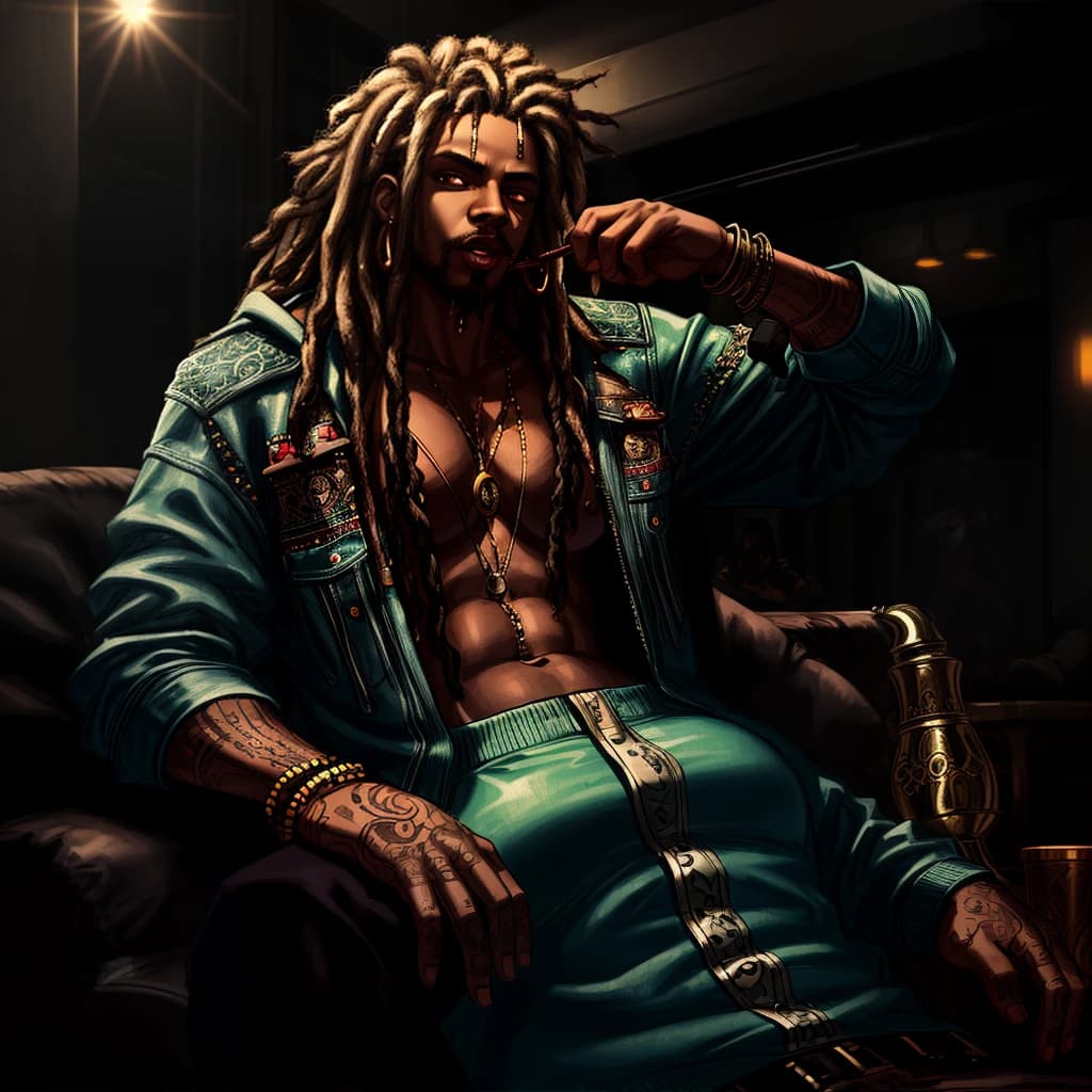 fat black rastafarian lounging in a hookah bar and smoking, cyberpunk street theme, smoky look, clouds of smoke, (((masterpiece))), ((best quality)), ((intricate detailed)), ((Hyperrealistic)), black skin, highly detailed, illustration,  detailed fingers,s, beautiful detailed eyes, detailed face, handsome man face, black dreadlocks,  (cyberpunk:1.2), detailed background, hookah smoke in the background, neon lights, lens flare, menacing look, looking at the viewer